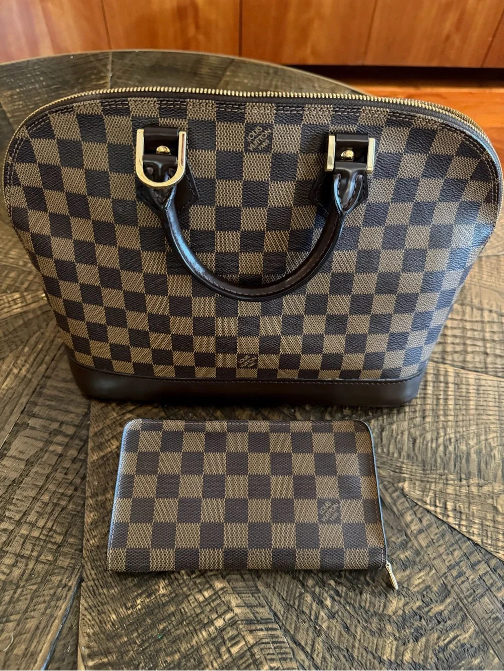 LV Alma PM Brown Check & Matching Wallet